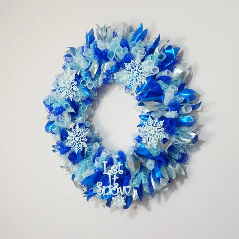 Blue and White Let It Snow Deco Mesh Wreath with Snowflake Accents